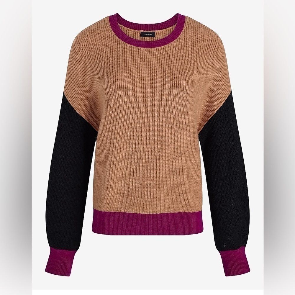 Relaxed Color Block Ribbed Crew Neck Sweater
